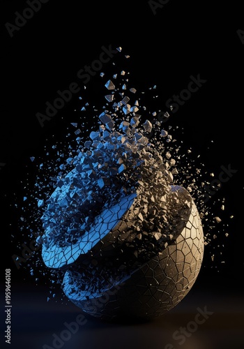 Conceptual breakdown of form, geometric structure dissolving into numerous disparate elements against a dark background, instability concept, separation, technology, structure