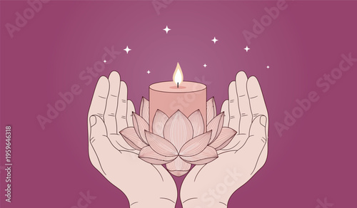 Vesak Day Illustration with Hands Holding Lotus Flower design for greeting card, banner or decoration