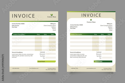 Modern Eco-Friendly Business Invoice Template Set in White, Beige and Green Colors