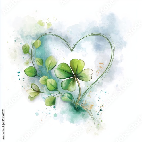 Heart shape with green leaves and clovers on a white background in soft wash style design