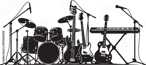 Musical instruments and equipment for rock band performance setup
