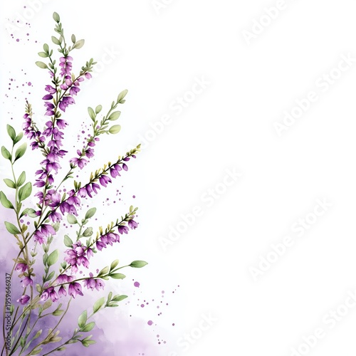 Purple flowers with green leaves on white background in soft clipart style