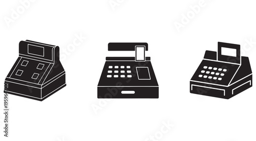 Set of black and white cash register machines with different designs  various payment terminal styles