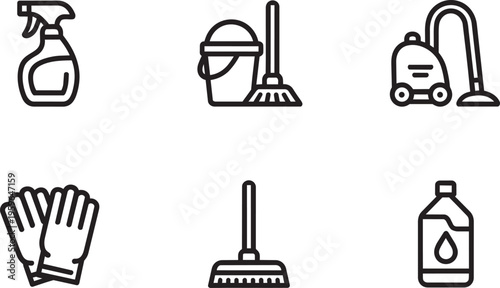 Cleaning Supplies Icons Set: Spray Bottle, Bucket With Mop, Vacuum Cleaner, Gloves, Floor Mop
