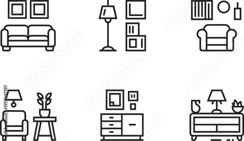 Collection Of Line Art Living Room Furniture And Decor Icons
