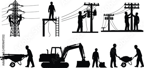 Collection of Professional Construction Silhouettes Including Electricians Linemen on Power Poles Excavator Heavy Machinery and Laborers for Utility and Infrastructure Maintenance Projects
