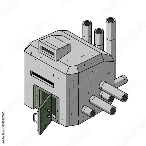 Isometric Illustration of a Concrete Bunker with Pipes and Door.