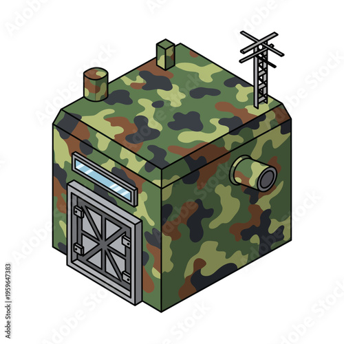 Isometric Camouflaged Military Bunker with Antenna and Ventilation.