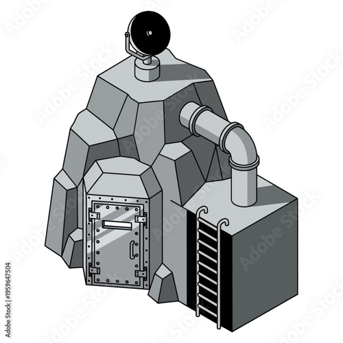 Isometric Underground Bunker Entrance with Ladder and Ventilation System.