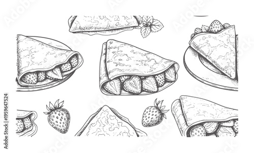 Hand drawn crepes filled with strawberries and mint leaves pattern strawberry food