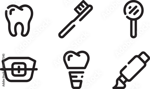 Dental Icons: Tooth, Toothbrush, Dental Mirror, Braces, Implant, Toothpaste