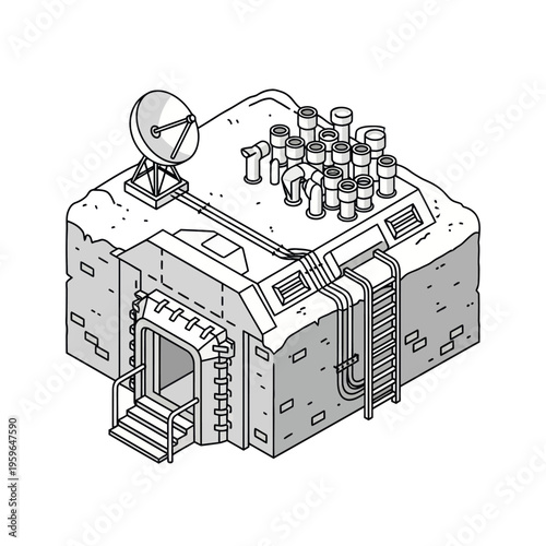 Isometric Illustration of a Bunker with Antenna and Pipes.