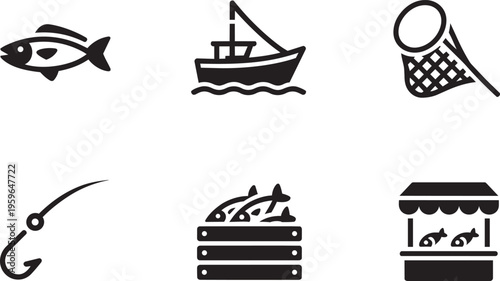 Billede på lærred Fishing Icons Set Of Boat, Fish, Net, Rod, Catch And Market Stall