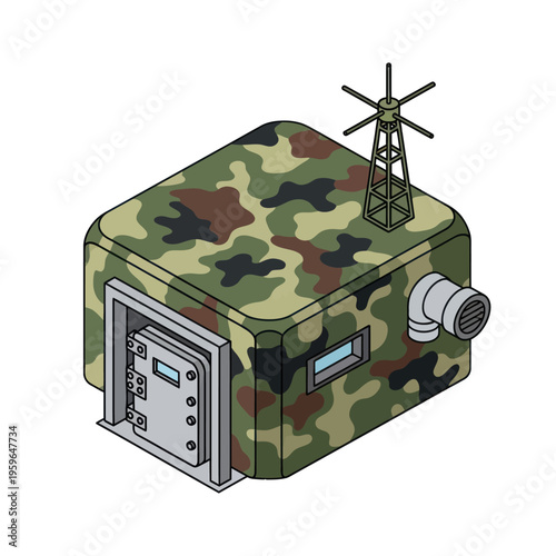 Isometric Camouflage Bunker with Antenna and Blast Door.
