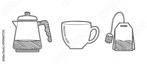 Hand drawn of tea kettle cup and tea bag drink