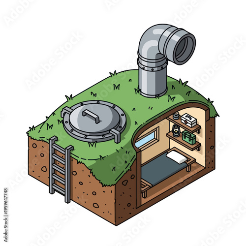 Isometric Underground Bunker Illustration with Bed and Supplies.