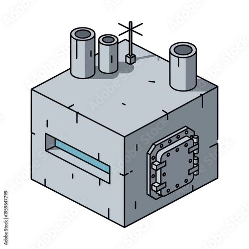 Isometric Illustration of a Concrete Bunker with Pipes and a Hatch.