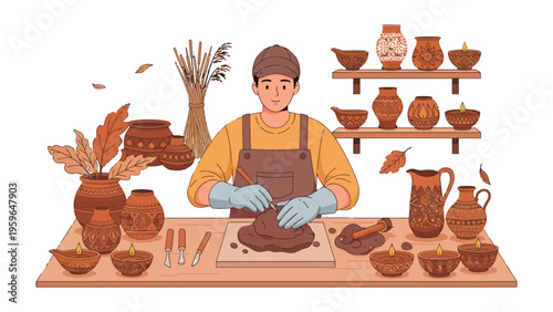 Crafting with clay: An artisan, focused and skillful, molds clay into an elegant pottery creation. This scene evokes the dedication and passion in traditional crafting
