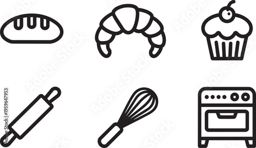 Line Art Icons Of Bread, Croissant, Cupcake, Rolling Pin, Whisk And Oven