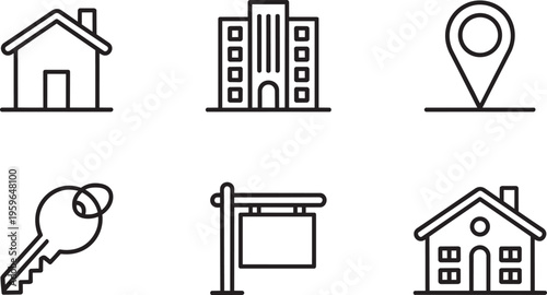 Real Estate Icons Set: House, Building, Map Pin, Key, Sign And Home