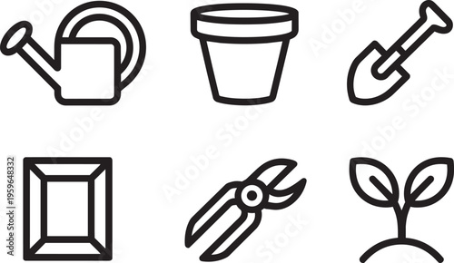 Set Of Gardening Tools And Plant Icons In Outline Style