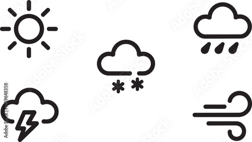 Set Of Five Weather Forecast Icons: Sun, Snow, Rain, Lightning, And Wind