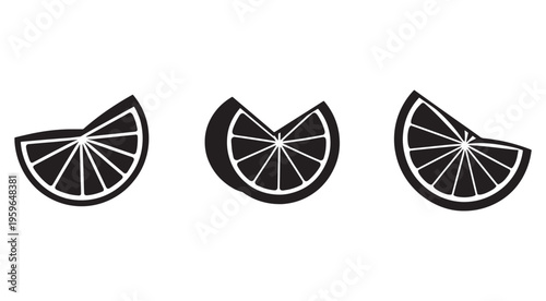Set of three black and white illustrations of lemon wedges with white lines on white background  citrus fruit slices