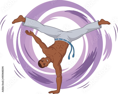 Capoeira Male Acrobat Handstand Spin Pose, Brazilian Martial Arts Dance Vector Illustration