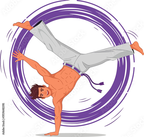 Capoeira Male Acrobat Handstand Spin Pose, Brazilian Martial Arts Dance Vector Illustration