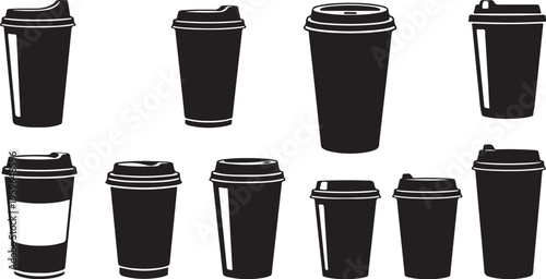 Black and white illustration of coffee cups in rows