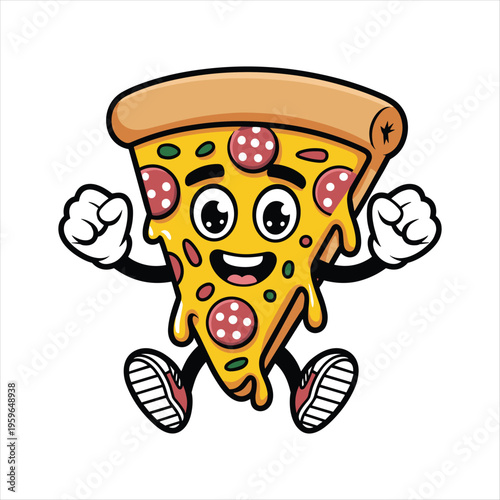 Happy Cartoon Pizza Slice Mascot Running with Sneakers and Gloves Vector Illustration Isolated on White Background