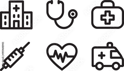 Set Of Six Medical Line Art Icons: Hospital, Stethoscope, First Aid Kit, Syringe, Heart Rhythm