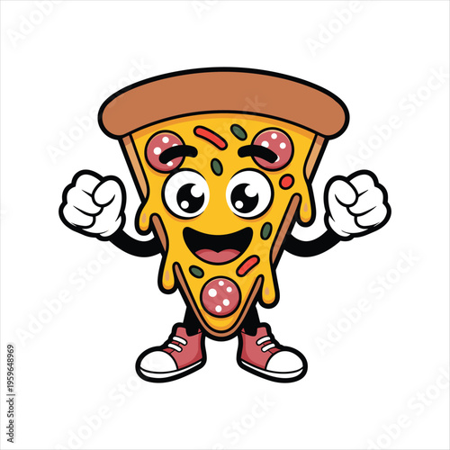 Cute Cartoon Pizza Slice Character with Funny Face, Gloves and Sneakers Vector Illustration Isolated on White Background