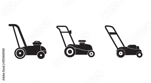 Set of three different lawn mower designs for gardening and landscaping needs  various shapes and sizes