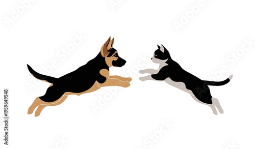 Cute cartoon German Shepherd puppy and kitten jumping playful pet characters vector isolated on white