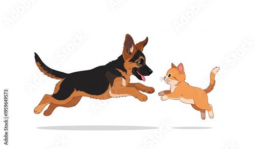 German Shepherd puppy and kitten jumping together cute pet vector illustration isolated on white background