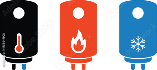 Water heater vector illustration, boiler operation icon set, hot and cold water indicators, thermostat temperature control, climate management system, gas burner, geyser and freezer symbols