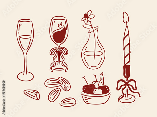 Hand drawn romantic wine set with wine glass, candle, flower vase, almond nuts and cherry bowl icons.