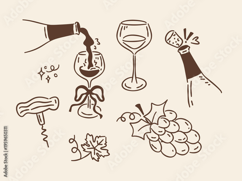 Hand drawn wine party collection with bottle, glass, corkscrew, grapes and pouring wine icon.