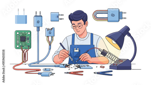 Tech Artisan: The image showcases a focused technician skillfully soldering electronic components. A vibrant illustration highlighting precision and innovation.