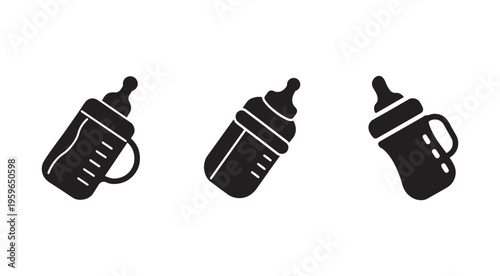 Three baby bottles with different angles and positions  isolated on white background