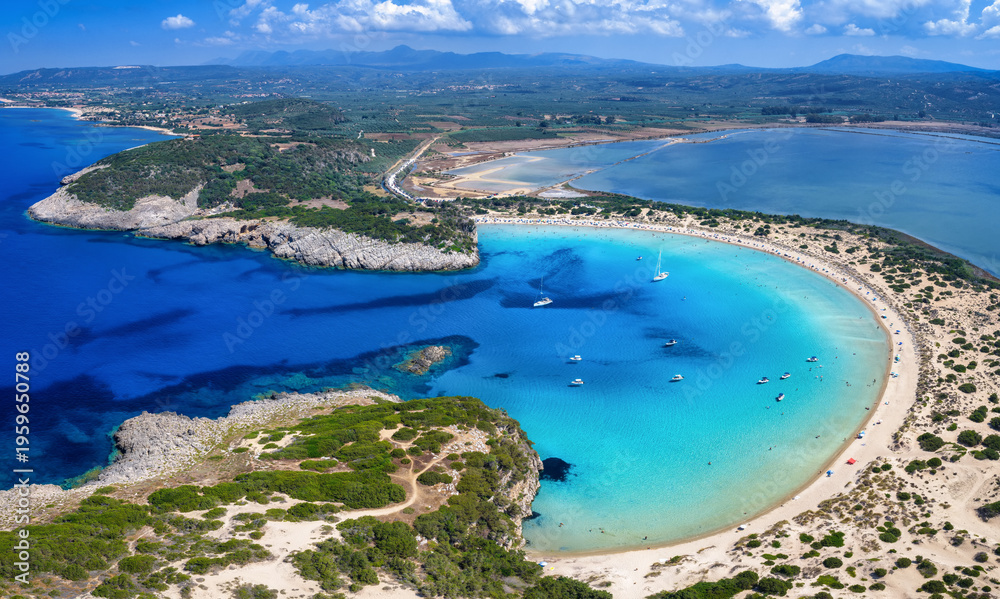 Fototapeta premium Panoramic aerial view of the coastal landscape of south Peloponnese with the popular Voidokilia beach, Messenia, Greece