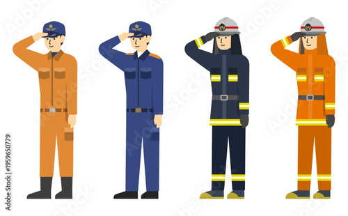 フラットイラスト：いろんな制服の消防士セット(敬礼)