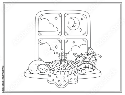 Apple pie cooling on a windowsill with a sleeping cat and a night moon