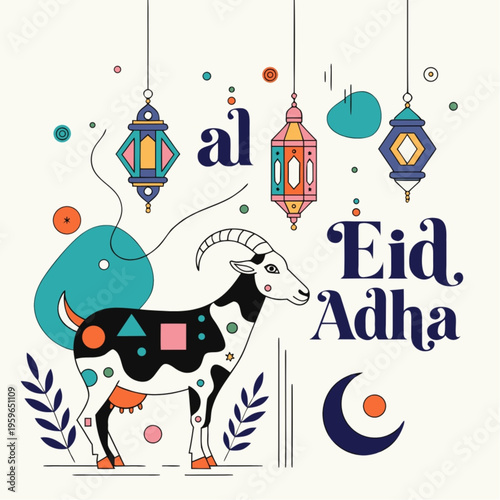 “Islamic Festival Eid al Adha Background with Lanterns and Goat Vector”