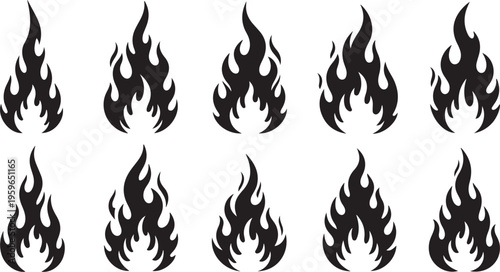 Set of black flame icons on white background vector graphics