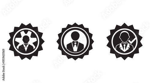 Three black and white icons of business people in circular frames with gear and checkmark symbols for industry and approval concepts  business and technology