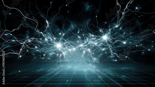 Electromagnetic field visualization, neon colors flowing current lines. Chaotic lightning grid pattern, bright electric energy dark tech grid. Energy wave color gradient abstract electric particles