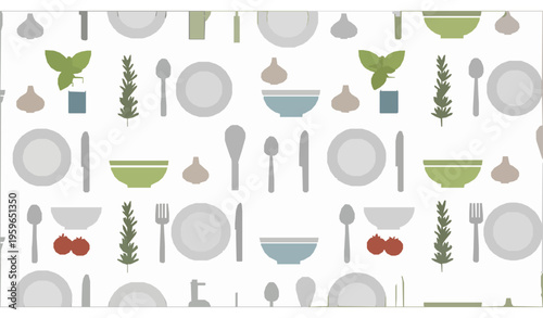 Modern food wallpaper seamless pattern with kitchen elements vector design