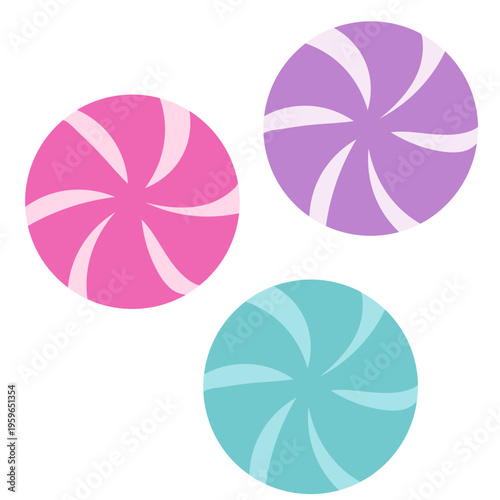 A colorful vector graphic illustration of three swirly peppermint candies in pink, purple, and teal on a white background